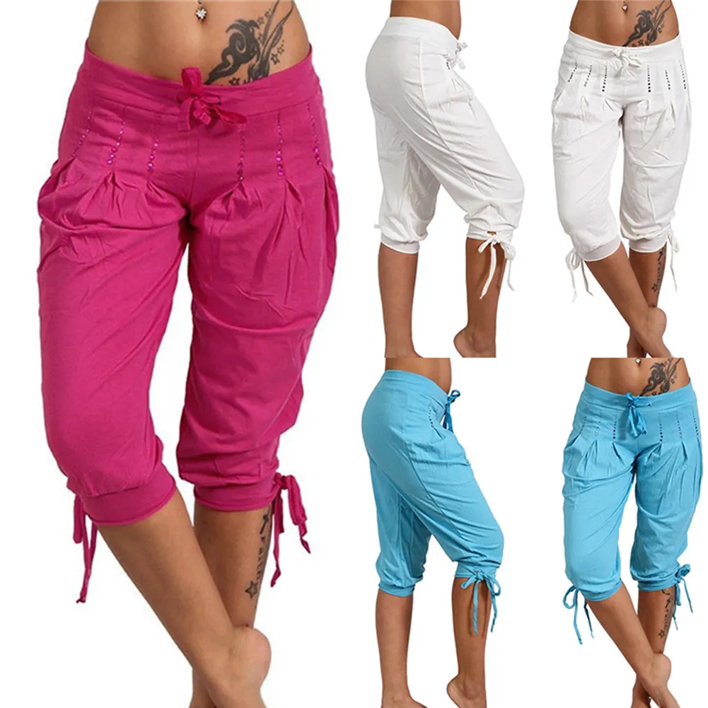Plus Size Casual Pants Womens Solid Color Sequined Plooated Trekkoord Capri Pants