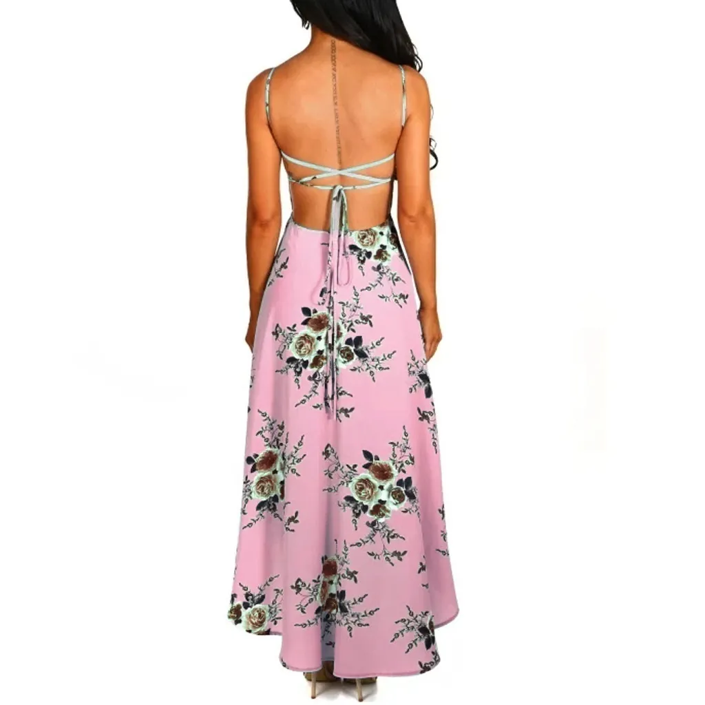 Summer Fashion Women Sling Abiti Casual Backless Dress Ladies Floral Printed Dress Abiti a coda di rondine Slim Beach Dress X0521