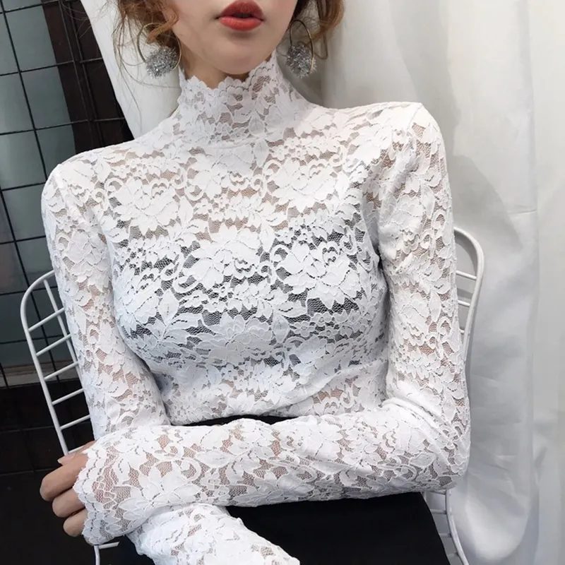 Kvinnor Spring Style Lace Blues Shirts Lady Casual Long Sleeve Turtleneck Lace Blusa Topps 210226