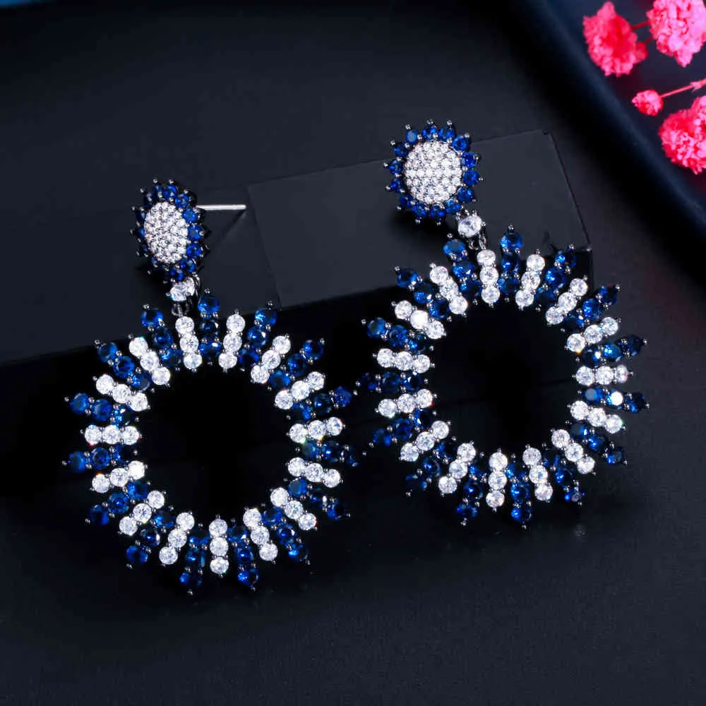 CWWZircons Gorgeous Luxury Brand Round Drop Big Long Blue Cubic Zirconia Crystal Bröllopsfest Örhängen för Kvinnor Smycken CZ857