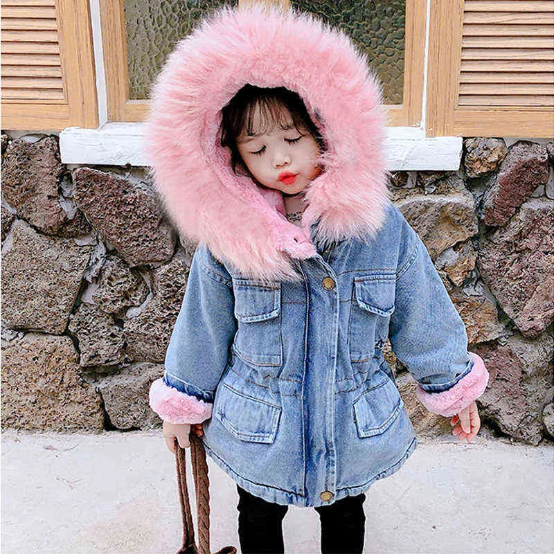 Menina bebê inverno denim jaqueta roupas roupas mais veludo grosso colar de pele com capuz quente 211027