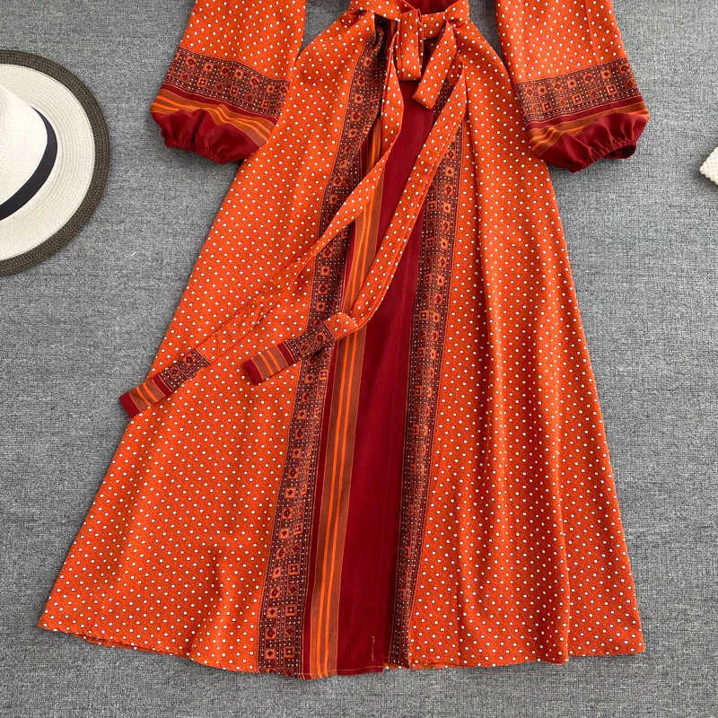Printemps automne femmes imprimé longue Robe Vintage bouffée à manches longues taille haute a-ligne Vestidos femme 2021 nouvelle mode plage Robe X0705