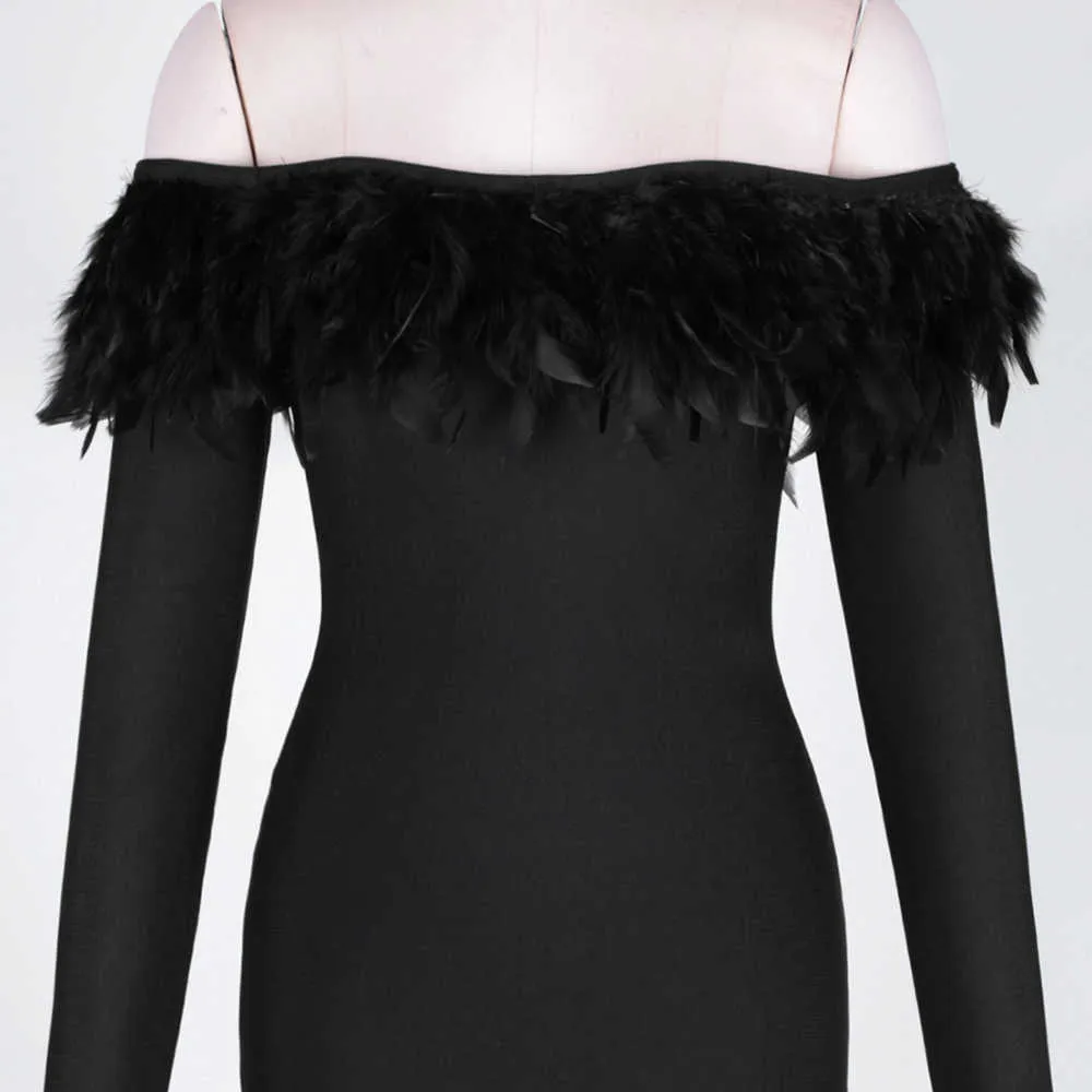 Ocstrade Women Off Shoulder Blalck Bandage Klänning Rayon Feather Sexig Långärmad Bodycon Evening Party 210527