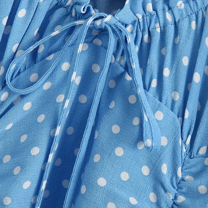 Новые женщины мода агарические кружева точек печати плиссированные мини-платья шикарный женский фонарь рукава Vestidos случайные тонкие платья DS3693 210309