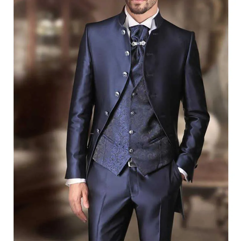 Marinblå bröllop kostymer för män med stativ krage jacquard smal passform blommig väst 3 bit jacka byxor manlig mode kostym x0909