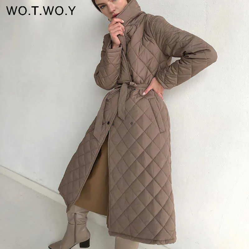 Wotwoy Argyle Uzun Pamuk-Yastıklı Parka Kuşaklı Kalın Sıcak Kış Ceket Kadın Rahat Katı Mont Palto 211013