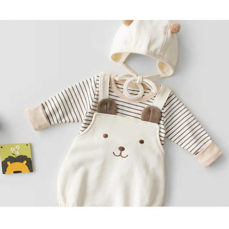 Baby Bodysuits Leuke Beer Mouwloze Riem Katoenen Hoedjas + Hoed voor Baby's Jonge Kinderen Baby Meisje Kleding 210701