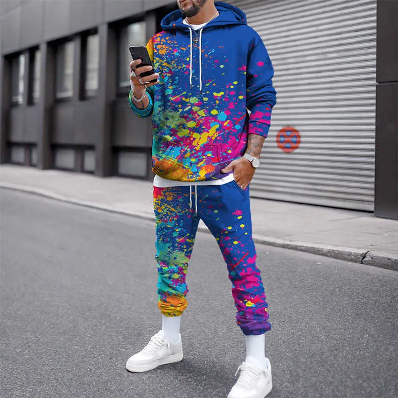 Autumn Winter Men's Set Warm Splash-Ink Print Casual Long Sleeve Oversize Hoodie Sweater Top+Sweatpant Tracksuit Outfit X0909