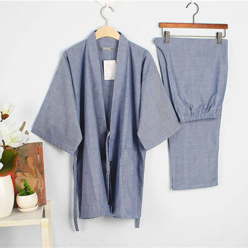Bawełna Japońska Sleepwear Fori Mężczyźni Kimono Haori Piżamy Koszulka Koszulka Koszulki Koszulki Koszulki + Spodnie Odzież Odzież Oddychająca Yukata Jinbei 211019