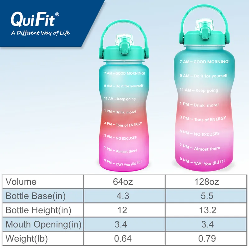 Quifit 2L 64oz 3.8L 128oz Motivational Water Bottle med Time Marker Flip-Flop En gratis bärbar sport telefon Stativ Gymnanna 220217