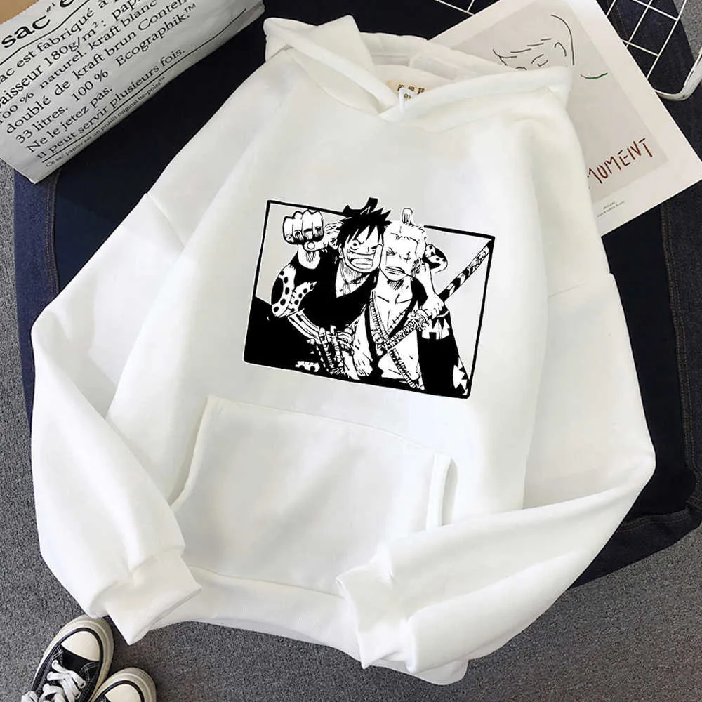 One Piece Print Hoodies Толстовки Harajuku Cool Roronoa Zoro Смешные обезьяны Луффи Друзей Повседневная Аниме Одежда Hoodie Fashion H0910