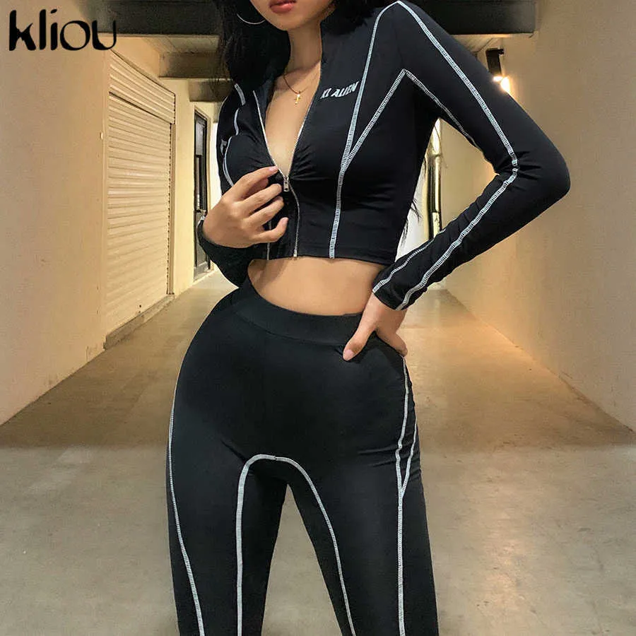 Kliou Mujeres 2 piezas Conjunto Fitness Chándal Manga larga Cremallera Crop Top + Leggings Moda Letras reflectantes Ropa deportiva Trajes 210727