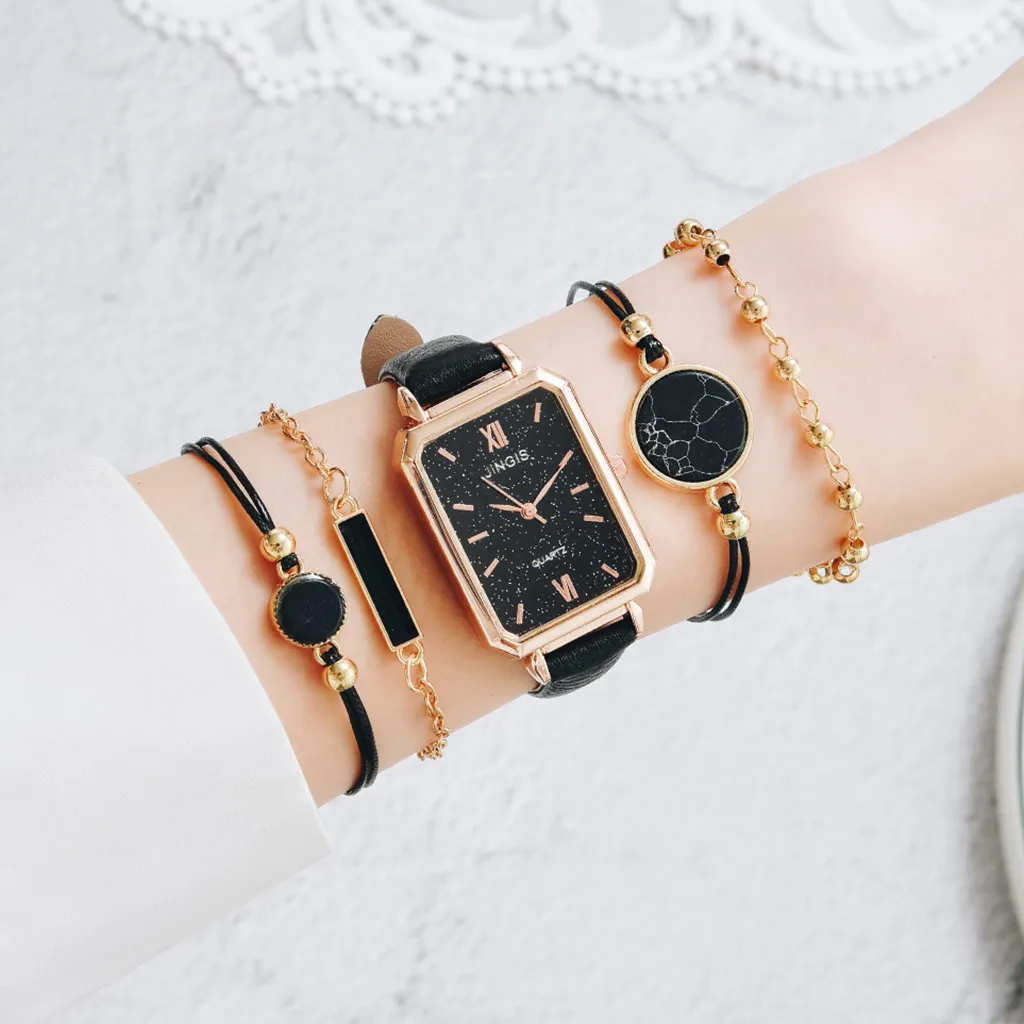 Set Fashion Watch For Women Square Leather Ladies Bracelet Watches Quartz Wrist Watch Female Black Clock Reloj Drop2953