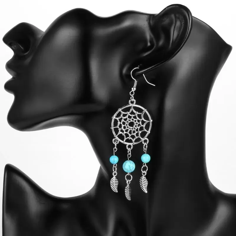 Dangle Lustre Vintage Grand Rond Multicolore Pierre Naturelle Perlé Boucles D'oreilles Pour Femme Ethnique Boho Gland Plume Long Dreamcatcher Drop