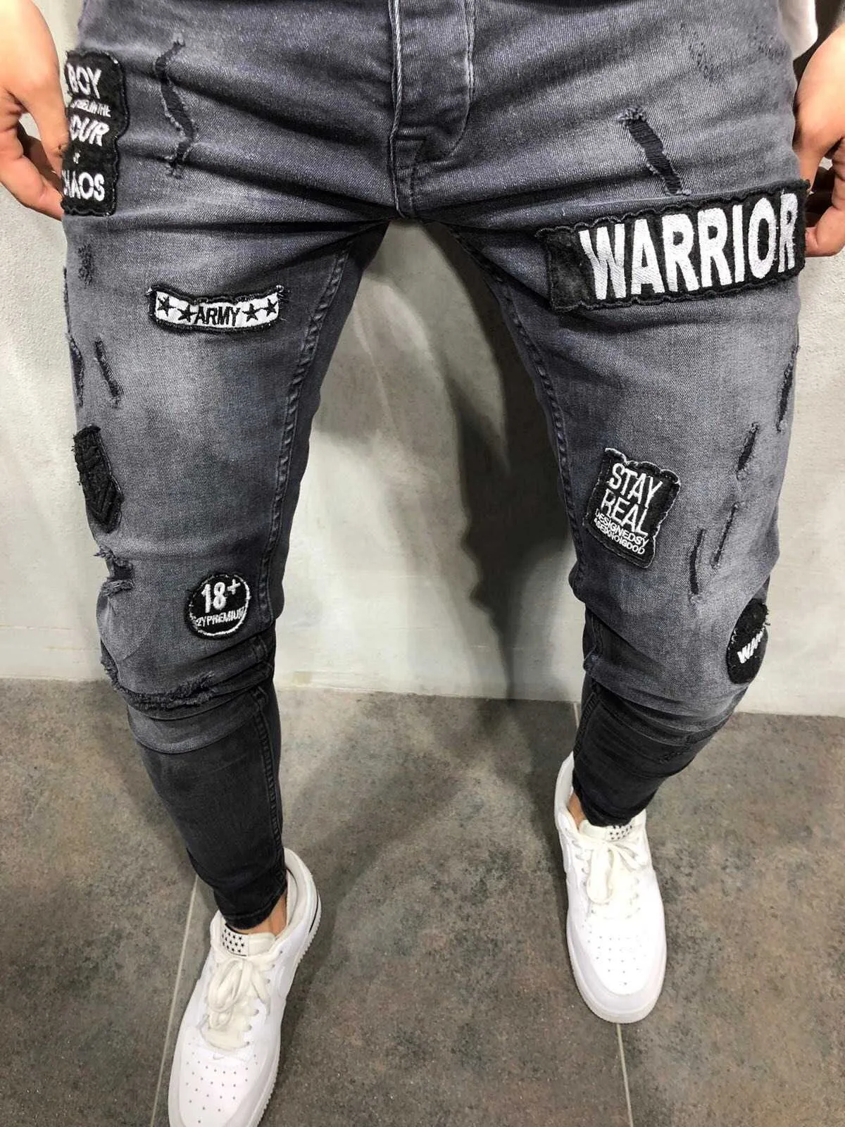 2021 homens de moda fashion cinza jeans skinny preto rasgado patch gaultier homme streetwear pequenos calça jeans para homens x0621