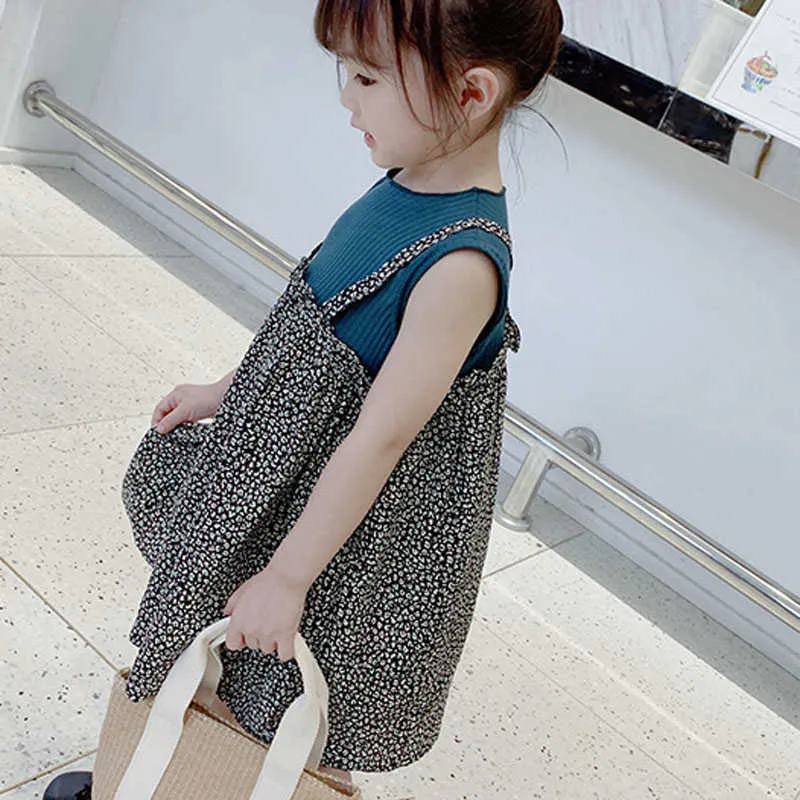 Летние девочки платье корейский стиль поддельные две части цветочные принцессы детская детская одежда детская одежда 210625
