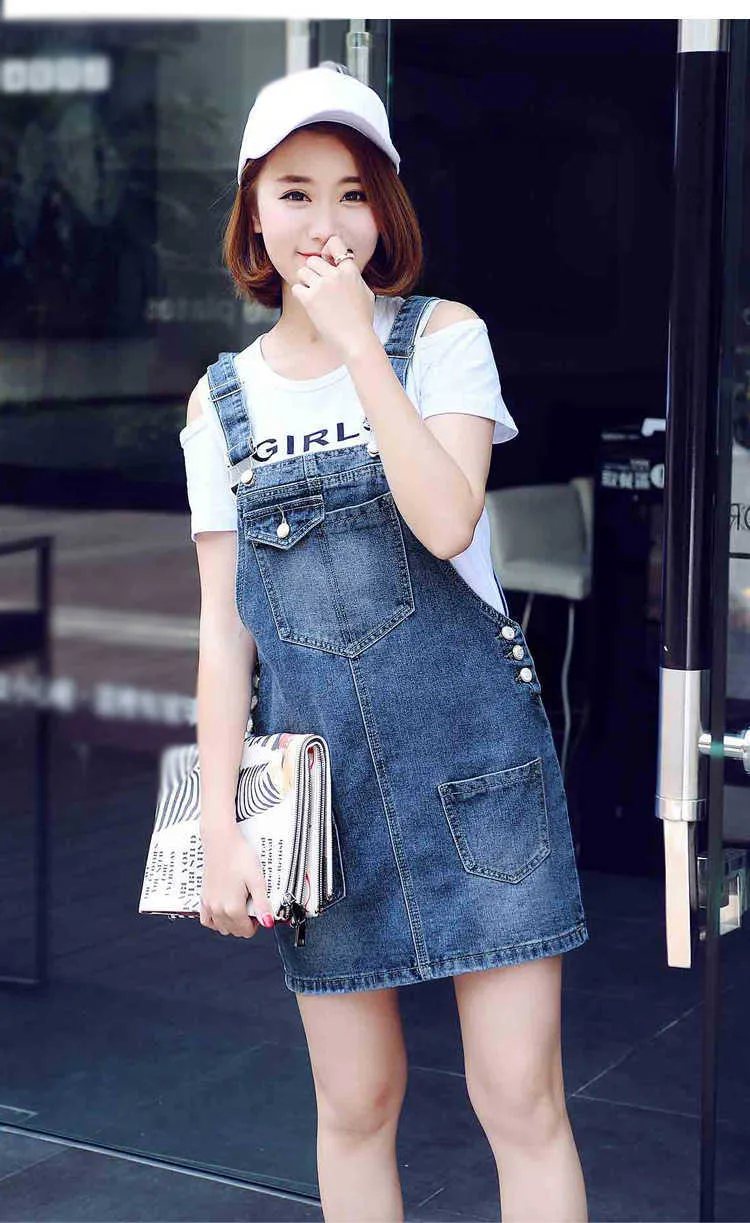 Frauen Jeans Hosenträger Kleid Sommer Mini Lose A-linie Kurze Casual Multi-tasche Verstellbaren Riemen Blaue Overalls 210604