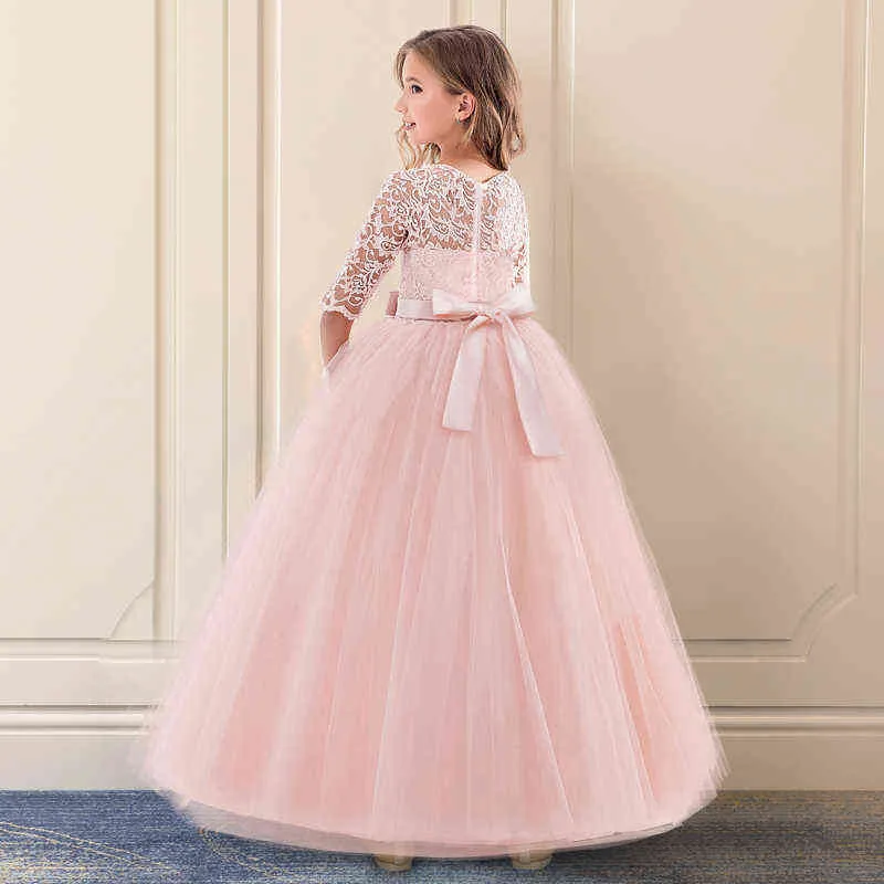 Red Christmas Dress Lace Flower Girls Wedding Party Children Clothing Elegant Long Gown Formal Evening Kids Dresses for 220110
