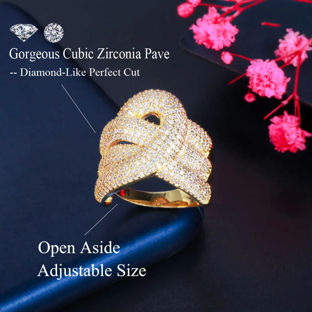 Regulowany Micro Cubic Cyrkonia Pave Luksusowe Duże Wąż Pierścienie Pierścienie Dla Kobiet Afryki Dubaj Gold Wedding Jewelry R192 210714