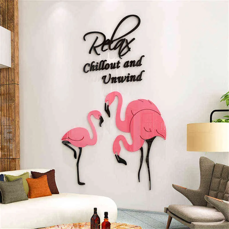 Nordic Flamingo 3D Sticker Mural Pour Salon Enfants Chambre Porche Chambre Décoration Autocollants Autocollant Mural Papier Peint 211112