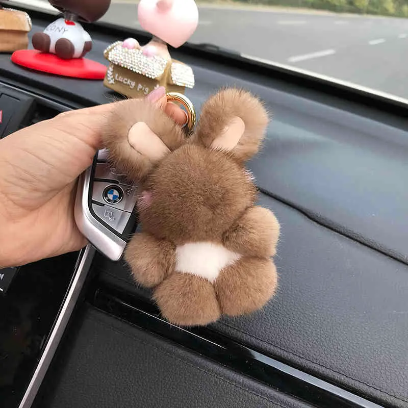 Kaninkedja söt riktig mink päls bil Hanbag ring fluffig mjuk boll nyckelhållare för kvinnor väska hänge tillbehör dropshiping