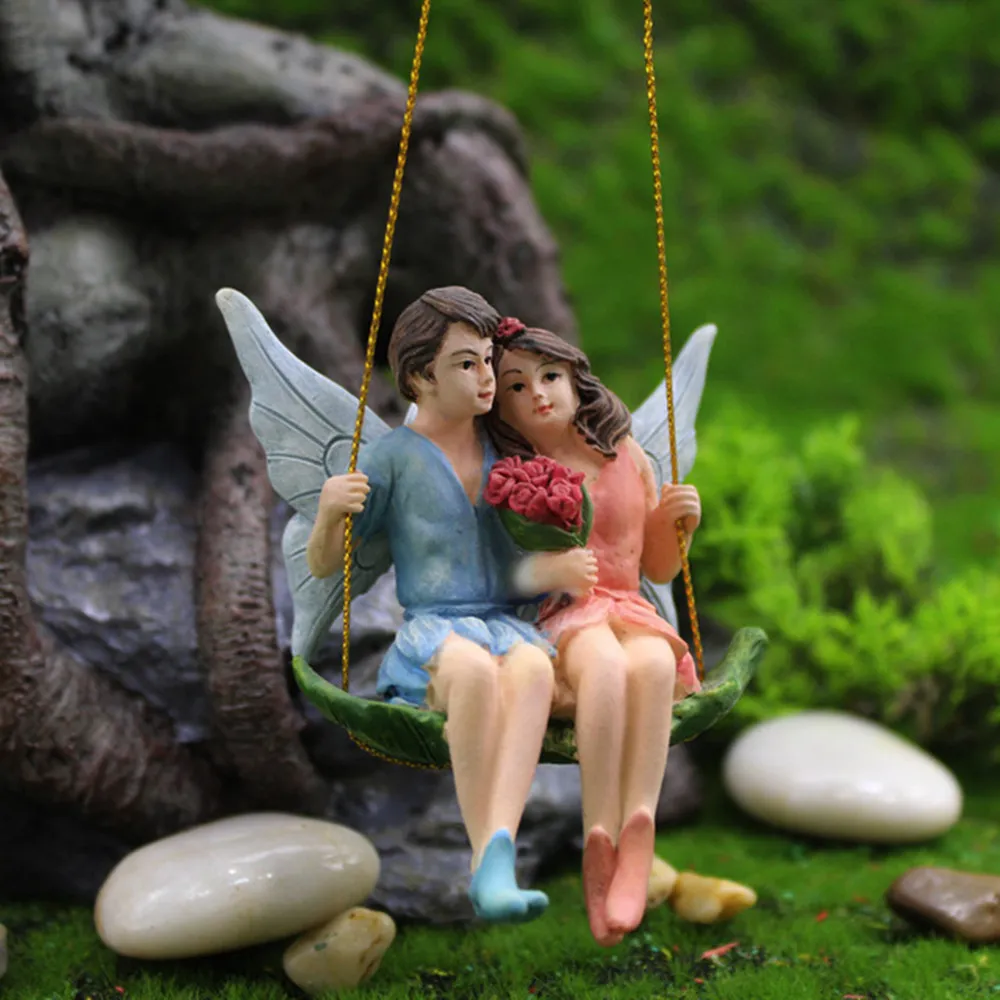 Creative Couple Figurines Balançoire Fleur Fée Jardin Micro Paysage Pendentif Résine Artisanat Scène Romantique Décoration Cadeaux C0220