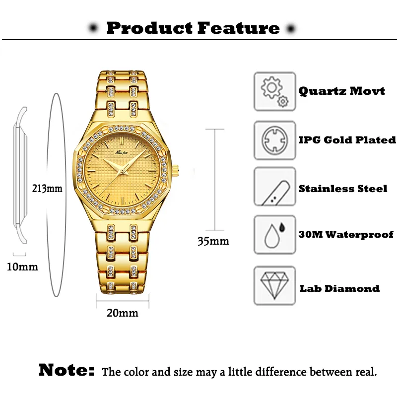 Moda mujer es caro 18K oro señoras muñeca mujer cuarzo clásico analógico diamante joyería mano reloj MISSFOX