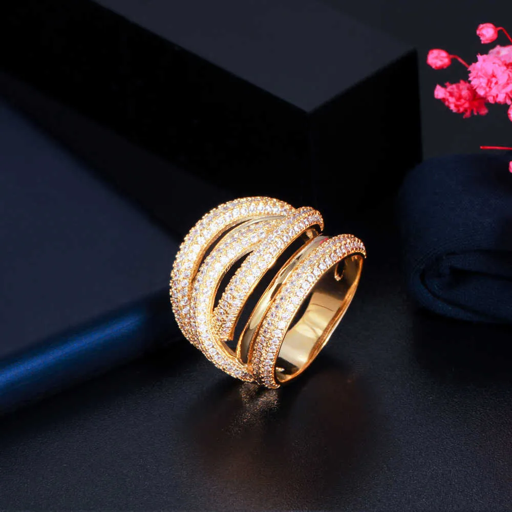 Многослойные поворотные линии Роскошный Африканский Кубический Циркония Большое Обручальное кольцо для женщин Дубай Золотые Ювелирные Изделия R196 210714