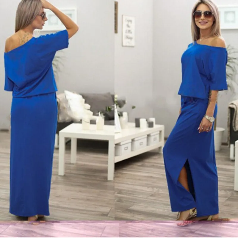 Venda quente mulheres boho maxi vestido sexy verão manga curta lateral slit frouxo festa de noite longo vestido de praia com bolso vestidos 210309