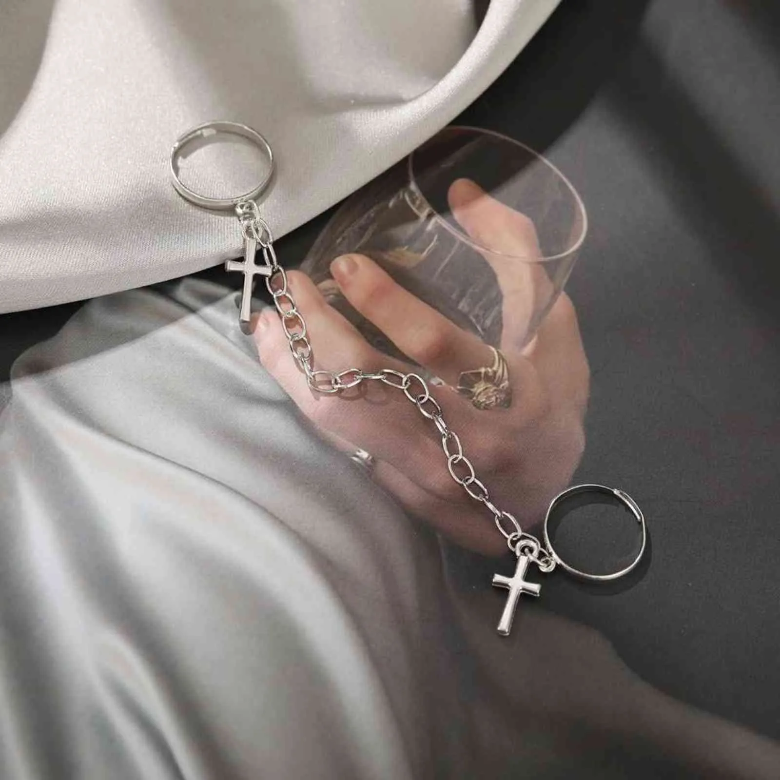 Bar Cross Combination Ring Punk Hip Hop Ring Two-Finger Conjoined Chain Open Ring Fashion Trend Party Popular Creative Jewelry G1125