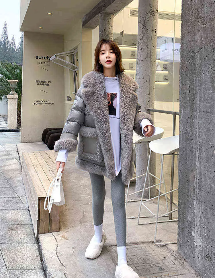 Lamb Wool Shiny Down Jacket Women mid-length Winter Black Thick Duck Down Fur Coat 211126