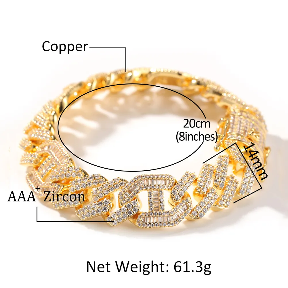 Hiphop 14 mm diamant Miami Prong Cubaanse schakelarmbanden 18KT goud gevuld Iced Icy Cubic Zirconia sieraden 8 inch Cubaanse armband 348t