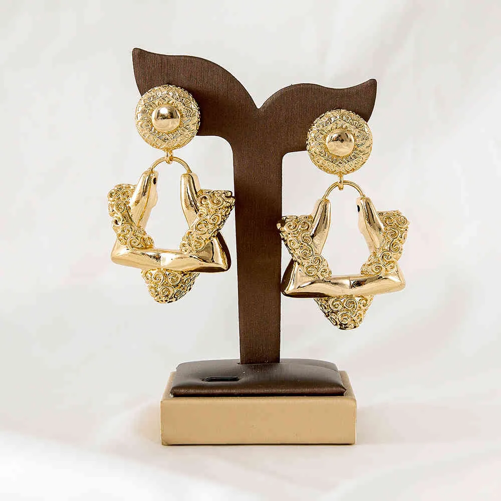 Boucles d'oreilles en forme d'hexagramme pour femmes, couleur dorée, Style exquis, en cuivre de haute qualité, Design populaire pour présence à un mariage, 2021