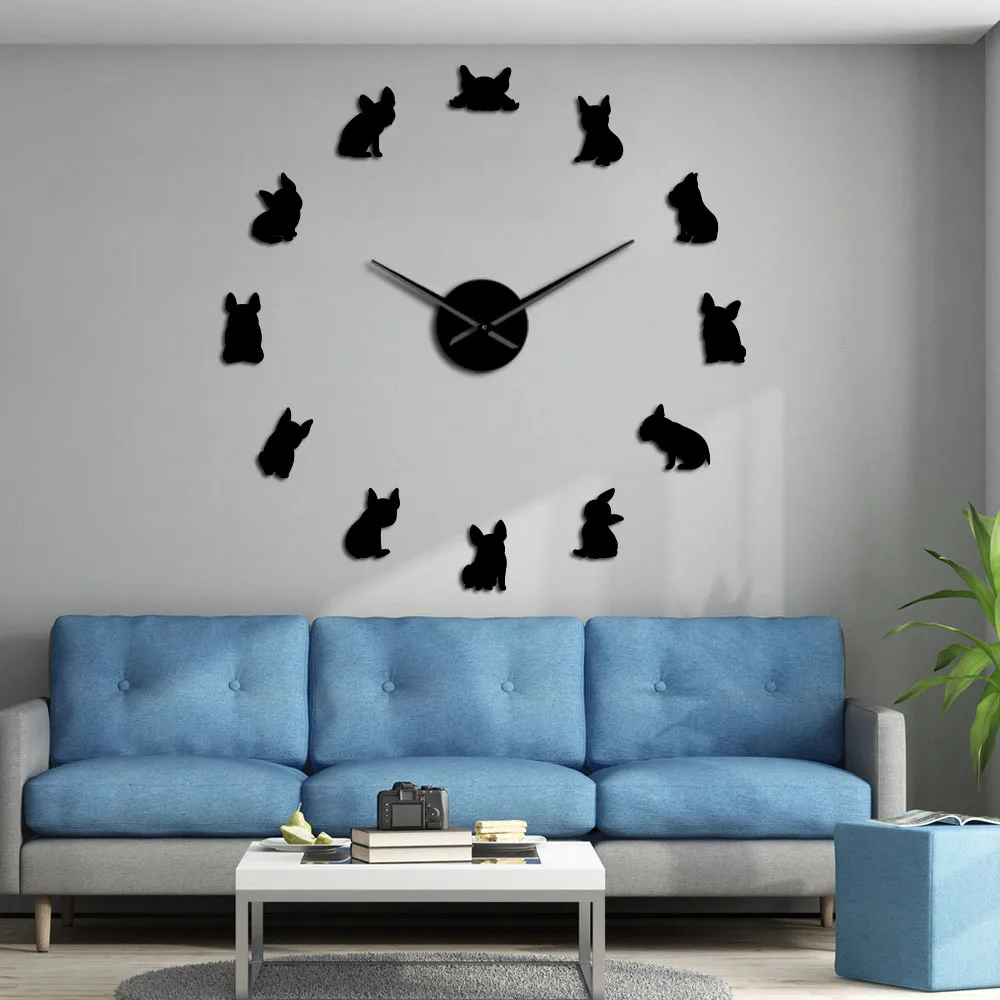 Fransk Bulldog DIY Giant Wall Clock Frankrike Hemma Hund Stor Modern Väggklocka Frenchie Wall Watch Dod Breeds Dog Lovers Gift 210309