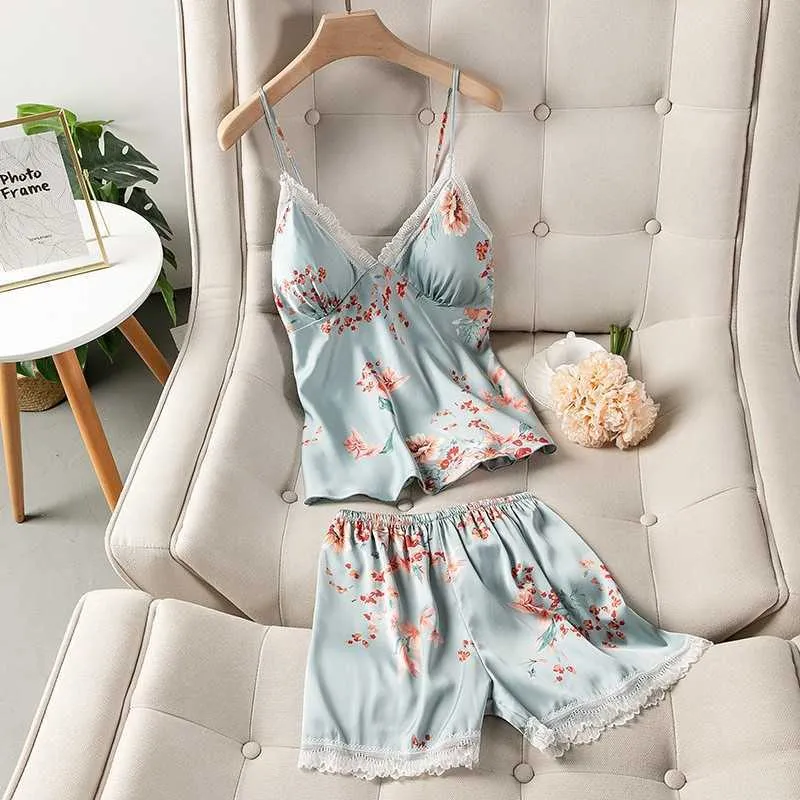 Lady Strap TopShorts Casual Lingerie Intime Soft Print Satin Shorts Set Pyjamas Silky Home Clothes Nightwear Pijamas Q0706