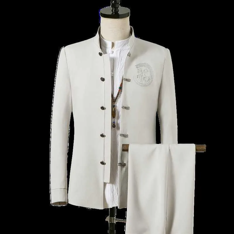 Sommer neue bestickte Anzug Männer Sets Slim Design männliche Blazer Jacken und Hosen klassischen chinesischen Retro-Stil Stehkragen Mann Anzug X0909