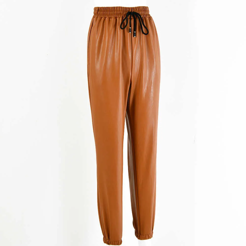 2021 Pantalon cargo Femme Sarouel Pantalon en cuir PU Streetwear Taille haute S Bas 2019 Pantalon de survêtement Q0801