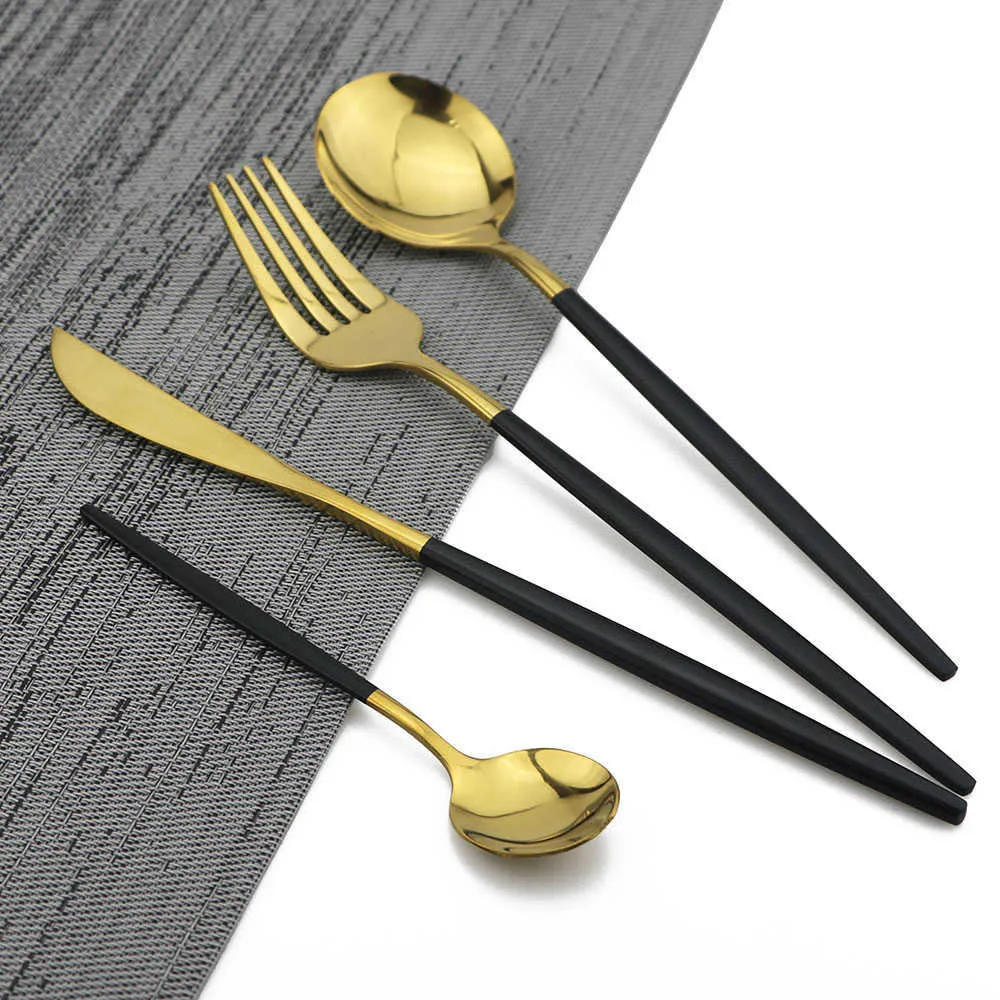 JANKNG Black Gold Cutlery Set Stainless Steel Dinnerware 16/Kitchen Tableware Knife Fork Spoon Flatware Dinner 211012