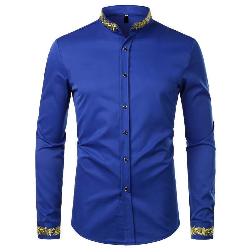 Camicia con ricamo oro nero Uomo Primavera Camicie eleganti da uomo Colletto alla coreana Camicie con bottoni Chemise Homme Camisa Masculina 210708