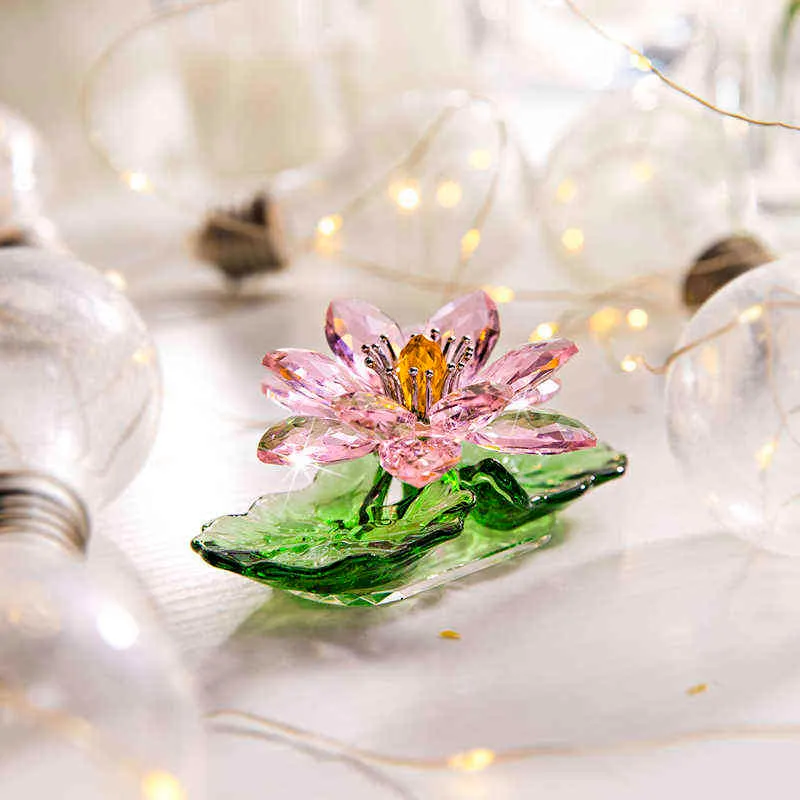 HD 3.7''Pink Sparkle Crystal Hue Reflection Lotus Flower Art Glass Decoración para el hogar para la colección Feng Shui Adorno de escritorio 211105