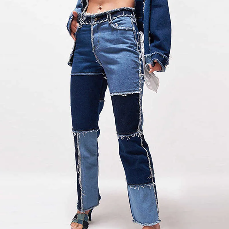 Хип-хоп панк брюки высокие талии брюки осень зимние уличные джинсы носить брюки контрастные лоскутные кладки женские узкие карандашные брюки X0629