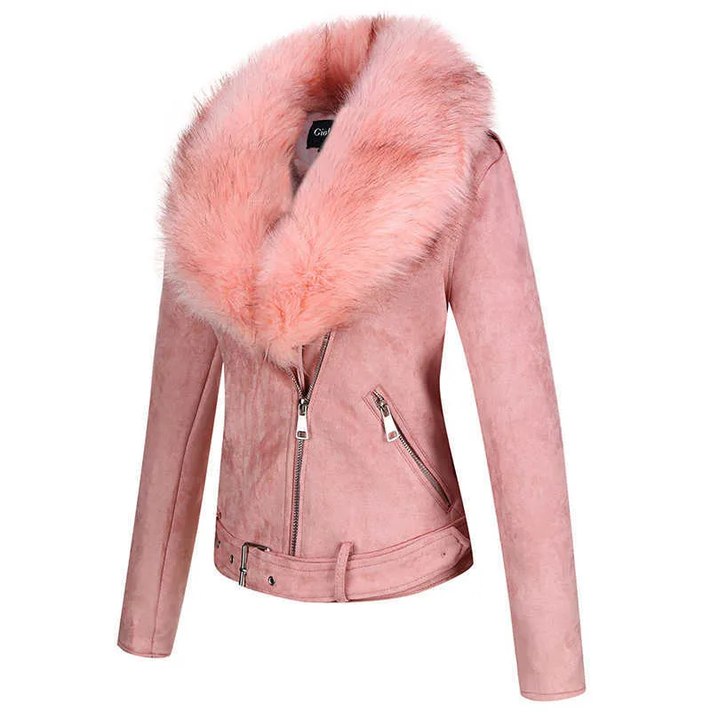 Giolshon Vinter Kvinnor Tjock Varm Faux Suede Jacket Coat med bälte Avtagbar Faux Fur Collar Leather Jackor Outwear 211007