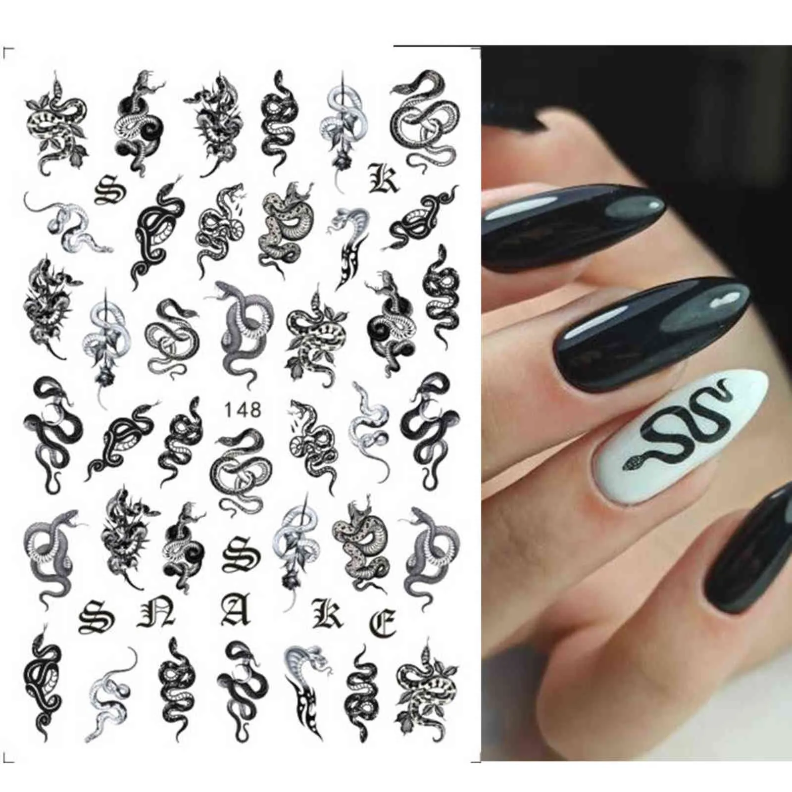 3D Dragon Snake Design Nail Stickers Kvinnor Kvinnor Kärlek Nail Art Tattoo Slider Gel Polsk Dekal Tillfälliga Tatuering Dekorationer Gleb145-152 Y1125
