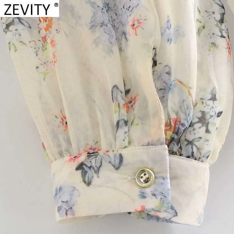 Zevity Women Sweet Floral Print Press Pleat Ruffles Black Lace Up Shirt Lady Long Sleeve Chiffon Blouse Roupas Chic Tops LS9044 210603