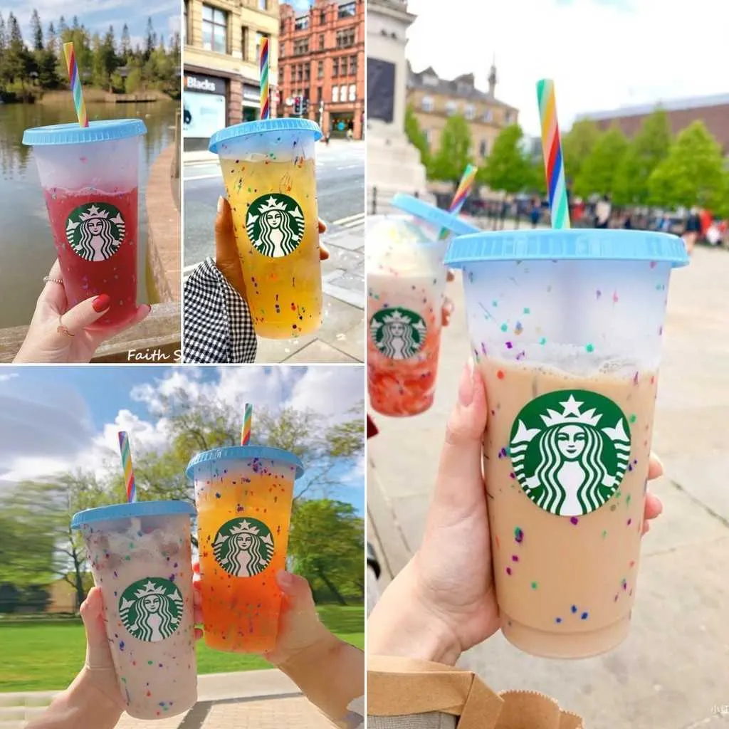 Stock Starbucks zmieniający kolor zimny kubek z pokrywką i konfetti ze słomy plastikowy kubek wielokrotnego użytku lub zestaw, płynne uncje livebecool
