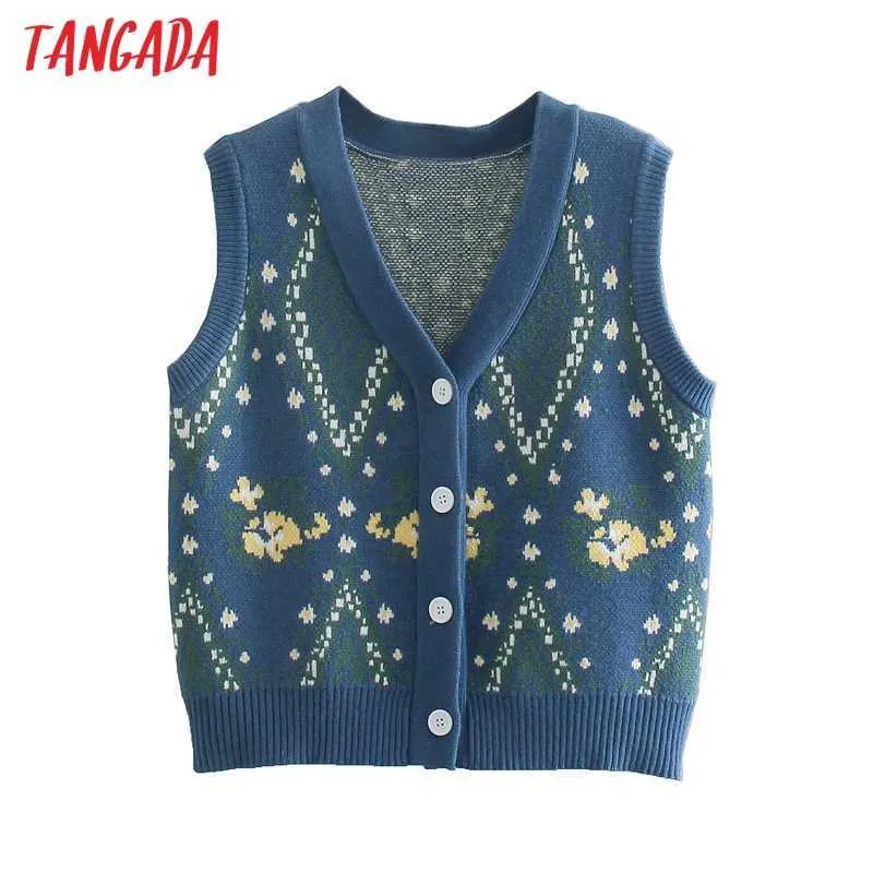 Tangada Women Vintage Blue Floral Pattern Gilet lavorato a maglia con scollo a V Maglione senza maniche Gilet femminile Top 3N31 210609