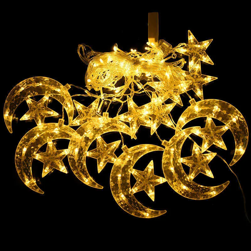 ホームムーンスターLEDカーテンライト弦ガーランドイスラムイスラム教徒のパーティーAl Adha Ramadanクリスマスの装飾211015