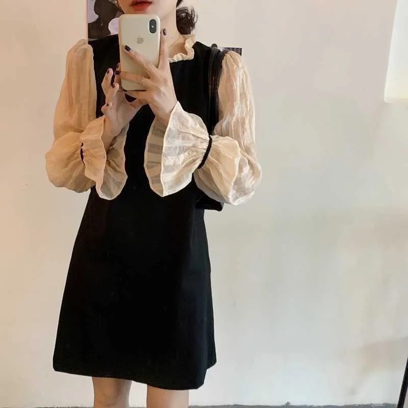 Women French Retro Mini Dress Patchwork Long Sleeves Gentle Elegant Stand Neck Chic Female Fashion Clothe 210525