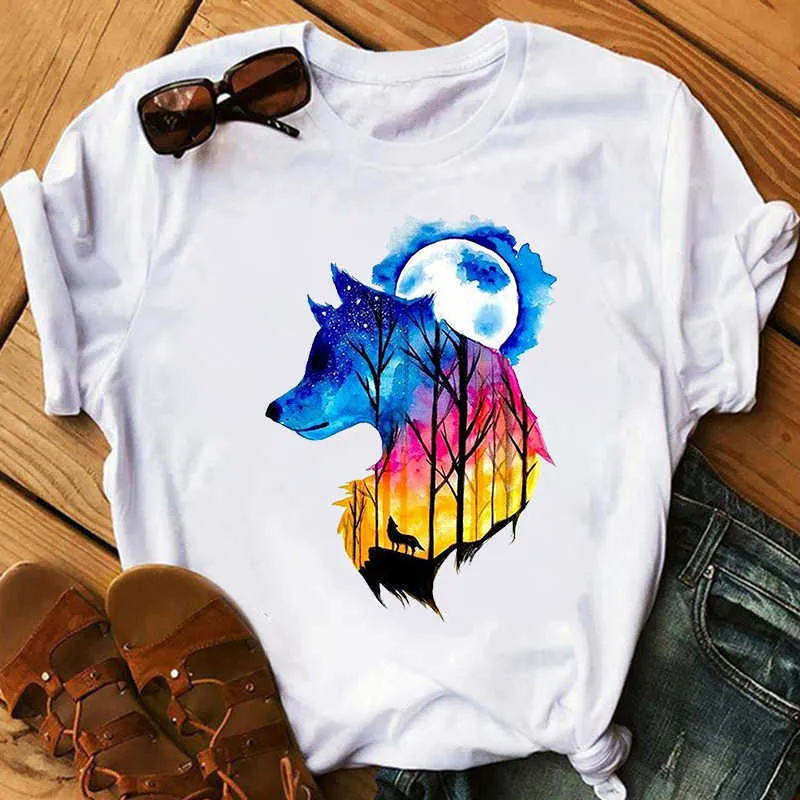 Märke Wolf T Shirt Kvinnor Rolig Vit T-shirt Tjej Casual Animal Tshirt Kvinnlig Sommar Kortärmad O Neck Loose Tee Toppar X0527