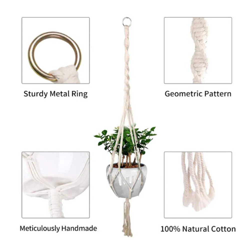 Geknoopte Plant Hanger Katoen Linnen Bloem Pannen Mand Opheffen Touw Hanging Rack voor Indoor Outdoor Plafond Balkon Muur Decor Y0910